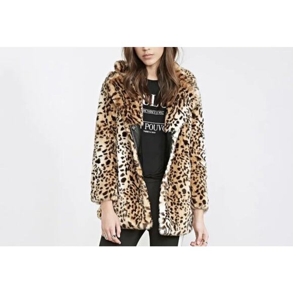 Forever 21 Faux Fur Coat Jacket Leopard Black/Brown Size M - 1 DAY SHIP OUT - Picture 1 of 2